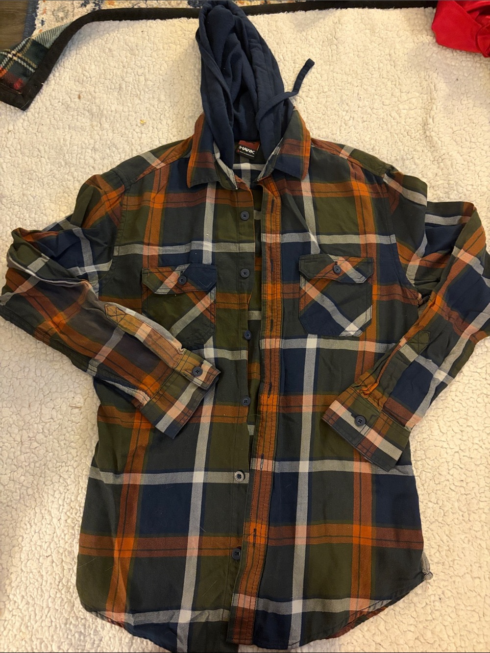 Tony Hawk Green Navy Orange Plaid Hooded Flannel Shirt
